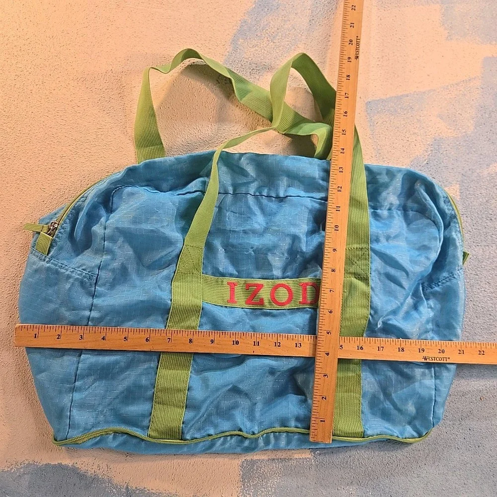 IZOD Unisex Packable Duffle Bag Blue Green Handle Foldaway Weekender Travel Tote